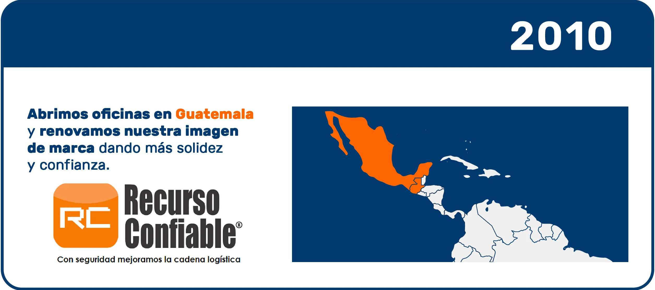 Apertura de oficinas de Recurso Confiable en Guatemala en 2010, integradas con la Real-Time Transportation Visibility Platform y la plataforma de visibilidad logística en tiempo real.