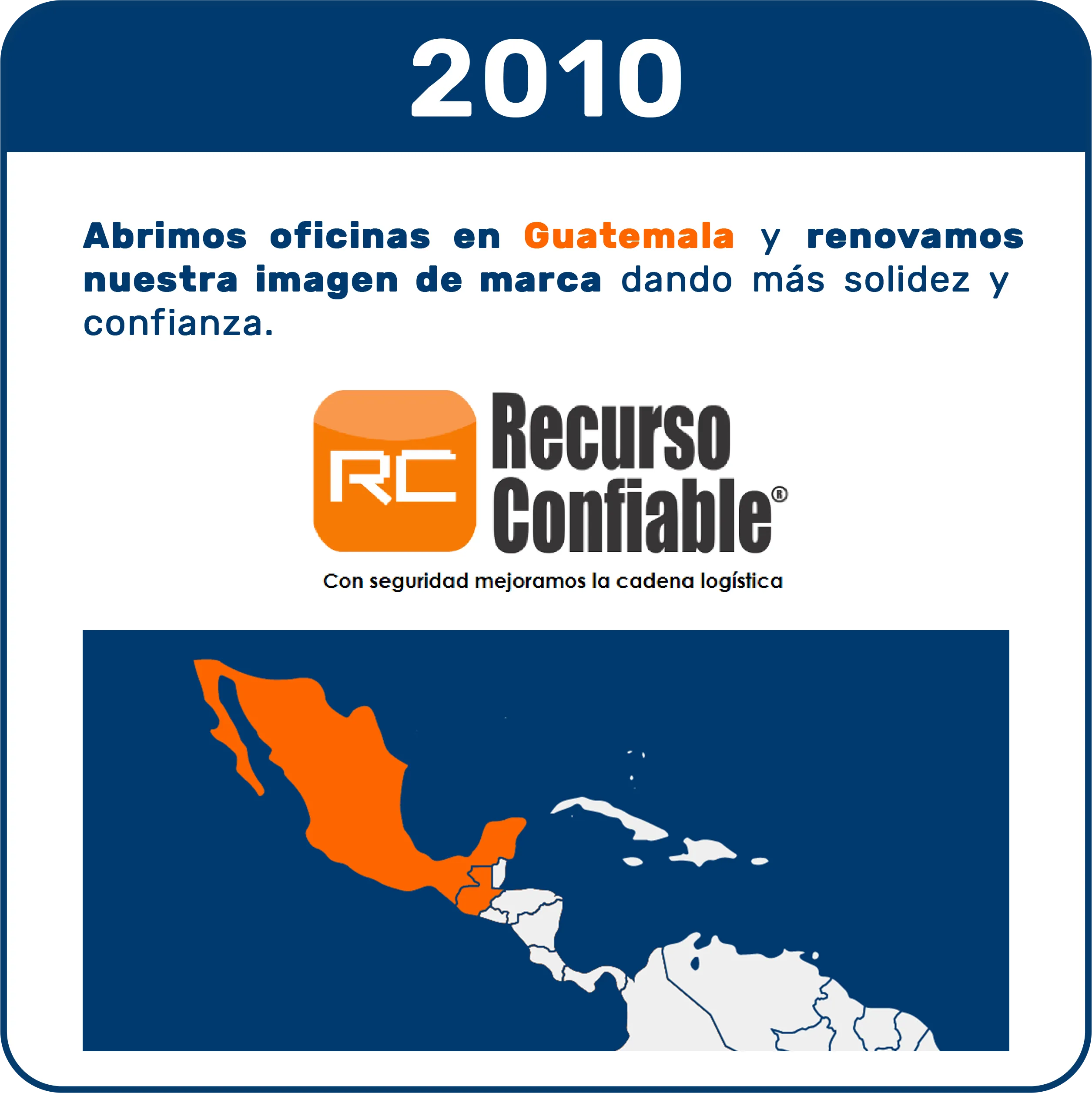 Apertura de oficinas de Recurso Confiable en Guatemala en 2010, integradas con la Real-Time Transportation Visibility Platform y la plataforma de visibilidad logística en tiempo real.